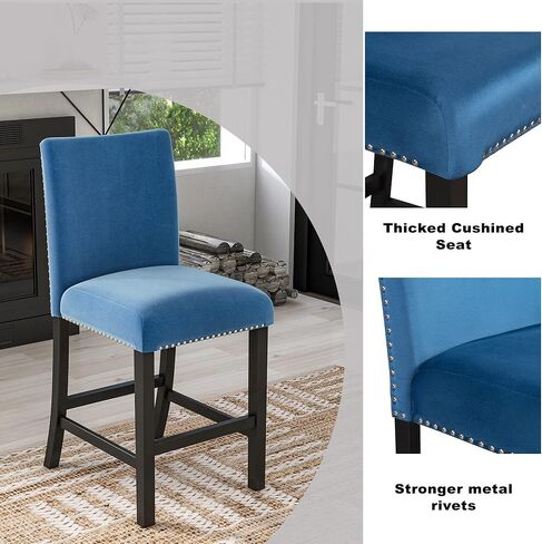 5-Piece Counter Height Dining Table Set, Elegant Faux Marble Top Dining Table with 4 Upholstered Velvet Chairs, Perfect for Kitchen & Living Room Furniture, Blue in Kuwait