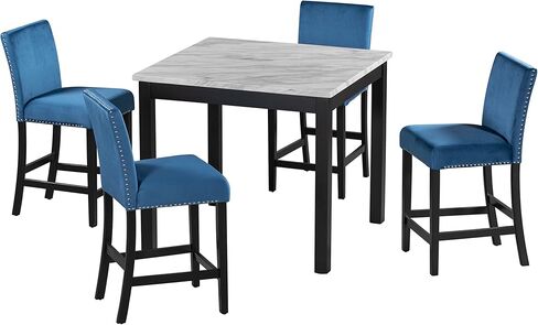 5-Piece Counter Height Dining Table Set, Elegant Faux Marble Top Dining Table with 4 Upholstered Velvet Chairs, Perfect for Kitchen & Living Room Furniture, Blue in Kuwait