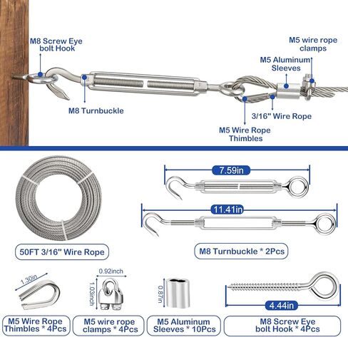 TooTaci 3/16 Stainless Steel Cable, 50ft Wire Rope Kit, 7x19 Strands Aircraft Cable with M8 Turnbuckle, 304 Stainless Steel Turnbuckle Wire Tensioner Kit for Cables Wire, Cable Railing, Shade Sail in Kuwait