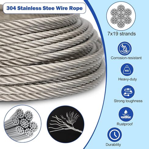 TooTaci 3/16 Stainless Steel Cable, 50ft Wire Rope Kit, 7x19 Strands Aircraft Cable with M8 Turnbuckle, 304 Stainless Steel Turnbuckle Wire Tensioner Kit for Cables Wire, Cable Railing, Shade Sail in Kuwait