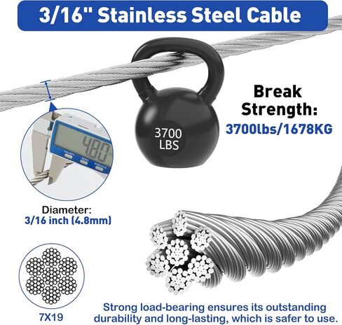 TooTaci 3/16 Stainless Steel Cable, 50ft Wire Rope Kit, 7x19 Strands Aircraft Cable with M8 Turnbuckle, 304 Stainless Steel Turnbuckle Wire Tensioner Kit for Cables Wire, Cable Railing, Shade Sail in Kuwait