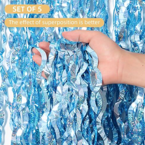 5 Pack Wavy Black Foil Curtain Backdrop 3.2ft x 6.6ft Wavy Tinsel Foil Fringe Curtains Streamer Backdrop Photo Booth Props for Mermaid Birthday Decoration Under The Sea Party Decorations (Black) in Kuwait