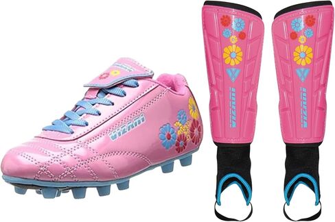Vizari Blossom Soccer Cleats (9) & Shinguards (S) Combo | Firm Ground Cleats with Superior Traction & Lightweight Shin Guards with Detachable Ankle Protection | Perfect Youth Soccer Set for Performanc in Saudi Arabia