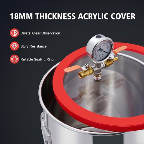غرفة فراغ سعة 5 جالون مع مجموعة مضخات، طقم غرفة تفريغ الهواء بقوة 1/3 HP 5 CFM، غطاء أكريليك عالي الختم 0.7 بوصة، مثالي لتثبيت الخشب والسيليكونات التفريغ والإيبوكسي والزيوت العطرية in Saudi Arabia