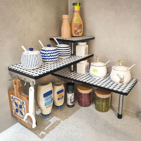 Countertop Organizer Corner Shelves, 3-Tier Adjustable Organizer, Counter Shelf Organizer with Hooks, for Bathroom Counter, Kitchen, Dresser Table, Desktop in Saudi Arabia