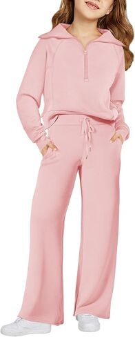 Haloumoning Girls 2 Piece Outfits Sweatsuit Half Zip Long Sleeve Sweatshirts Sweatpants Tracksuit Sets 5-14 years in Saudi Arabia