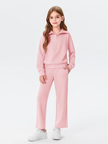 Haloumoning Girls 2 Piece Outfits Sweatsuit Half Zip Long Sleeve Sweatshirts Sweatpants Tracksuit Sets 5-14 years in Saudi Arabia