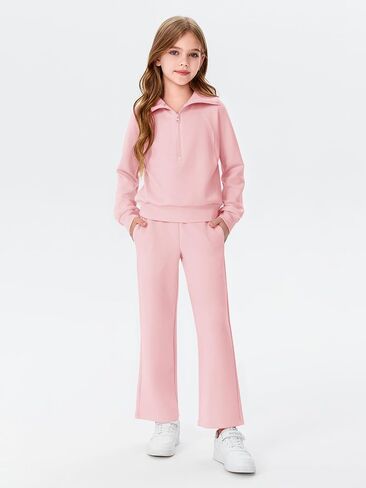 Haloumoning Girls 2 Piece Outfits Sweatsuit Half Zip Long Sleeve Sweatshirts Sweatpants Tracksuit Sets 5-14 years in Saudi Arabia