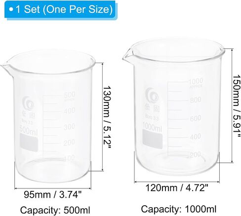 PATIKIL 250/500ml Low Form Glass Beaker, 2Pcs 3.3 Borosilicate Glass Beakers Graduated Measuring Cup with Spout for Lab Experiment, Cooking and Baking, Clear in Saudi Arabia