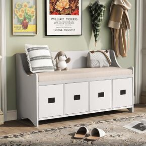 White Wood 1 White Rectangular Movable Cushion Storage Bench with Drawers and Backrest Shoe Bench - Unique Design, Multi-Purpose, Reliable Workmanship, Large Storage Space