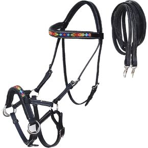 Horse Western Horse Bitless Padded Leather Beaded Sidepull Bridle with Reins 77RT15