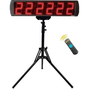 GANXIN Portable 5'' High 6 Digits LED Race Clock with Tripod for Running Events, Countdown/up Digital Race Timer, 12/24-Hour Real Time Clock, Stopwatch by Remote Control, Red Color