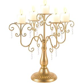 15.3in Gold Candelabra Centerpieces for Tables, 5 Arm Crystal Candelabra for Pillar Candles, Metal Candelabra Candle Holders for Wedding Centerpiece Decor Party Event Reception Decoration