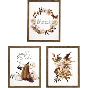 ArtbyHannah Fall Wall Decor Framed Fall Wall Art,Botanical Fall Pictures Wall Decor with Pumpkins Prints Rustic Autumn Decor Fall Decorations for Home Office Living Room(11x14IN 3Pack Brown Framed)