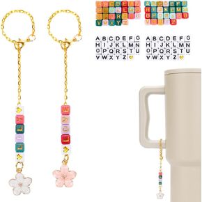 2pcs Bottle Chains, Water Bottle Pendant with Cube Letter Alphabet Charms Beads Pink White Cute Water Bottle Accessories for Tumbler Handle Backpack Girlfriend Friends Compatible with Stanley Cups