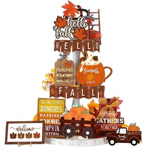 21 Pcs Fall Tiered Tray Decor Set Hello Fall Pumpkin Maple Leaf Wooden Signs Autumn Thanksgiving Decorations Rustic Farmhouse Table Centerpieces for Home Kitchen Decor Harvest Holiday