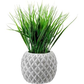 MyGift Artificial Green Grass Plant in Modern Round Gray Concrete Pot with Embossed Diamond Pattern, Tabletop Faux Greenery Decor Potted in Decorative Planter