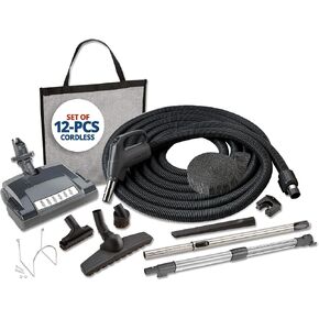 Central Vac Carpet & Bare Floor Electric Direct Connect Attachment Set for Cleaning Carpets, Hardwood Floors, Furniture & Draperies - 30FT Hose, Twist & Turn Brush, Electric Brush, Wands & Storage Bag