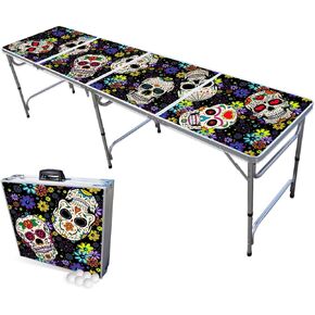 PARTYPONG 8-Foot Folding Beer Pong Table w/Cup Holes & LED Lights - Dia de Los Muertos Edition