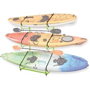 Rockland Kayak Storage Rack, Heavy Duty Adjustable Freestanding Kayak Stand with Safety Straps – Holds 3 Kayaks, Canoes, or Paddleboards for Indoor and Outdoor Storage