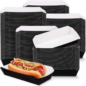 Rtteri 200 Pcs 2lb Paper Food Tray Disposable Food Boats Hot Dog Tray 7 Inch Nacho Trays Take out Food Serving Trays for French Fries, Tacos, Hot Dog, Corn, BBQ Festival Party Supplies (Black)