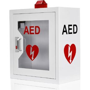 AED Cabinet, Wall Mount Storage Cabinet with Alarm Emergency Strobe Light, Door-Activated Alarm & Snap Lock, Metal Steel Plate fits All Brands AED Defibrillators, 14.1 x 7.8 x 15.7 Inch