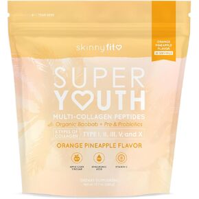 SkinnyFit Super Youth Chocolate Multi-Collagen Peptides + Probiotics, Baobab Fiber, Apple Cider Vinegar, Hyaluronic Acid, & Vitamin C, Skin, Hair, Joint & Metabolism Support, 30 Servings