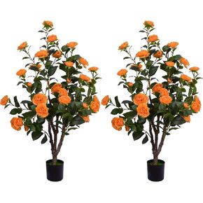 Artificial Camellia Tree 3.3ft, 2 Pack Faux Camellia Tree Fake Orange Flower Tree for Wedding Home Office Indoor Outdoor Decor Orange