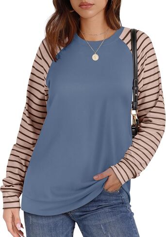 Saloogoe Womens Sweatshirt Color Block Striped Fall Fashion 2024 Long Sleeve Shirts Trending Now in Kuwait