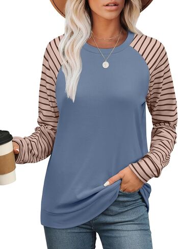 Saloogoe Womens Sweatshirt Color Block Striped Fall Fashion 2024 Long Sleeve Shirts Trending Now in Kuwait