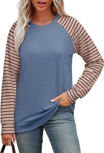 Saloogoe Womens Sweatshirt Color Block Striped Fall Fashion 2024 Long Sleeve Shirts Trending Now in Kuwait