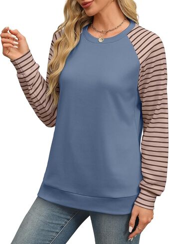 Saloogoe Womens Sweatshirt Color Block Striped Fall Fashion 2024 Long Sleeve Shirts Trending Now in Kuwait