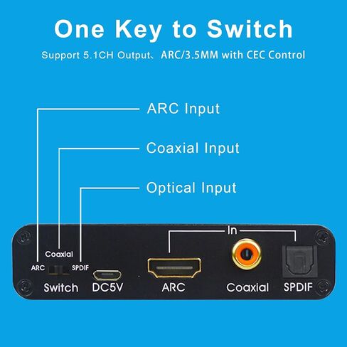 HDMI ARC Audio Extractor Support HDMI ARC to Optical SPDIF 3.5mm AUX Jack | HDMI ARC to Optical Coaxial RCA 3.5mm Audio Adapter Splitter for HDTV Soundbar Speaker Amplifier with Cable in Saudi Arabia