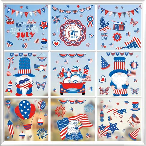 4th of July Window Clings, 9 Sheets Patriotic Window Stickers Double-Sided Window Decals for Independence Day Memorial Veterans Day School and Party Supplies Accessories in Saudi Arabia