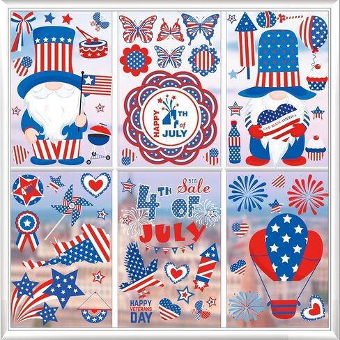 4th of July Window Clings, 9 Sheets Patriotic Window Stickers Double-Sided Window Decals for Independence Day Memorial Veterans Day School and Party Supplies Accessories in Saudi Arabia