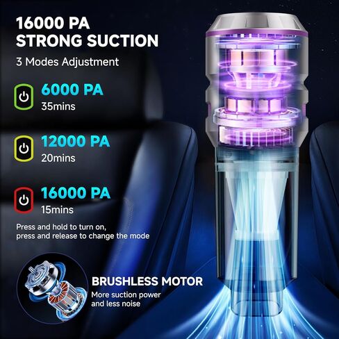 Handheld Vacuum Cordless, Car Vacuum Cleaner with Brushless Motor, Strong Suction Vacuum & Compressed Air Dusters with LED Light, Type C Port, Wireless Mini Portable Hand Vacuum Blower for Home, Pet in Saudi Arabia