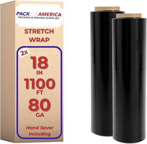 Stretch Film - 2 Roll Black, 18" x 1100 Feet, 80 Gauge (20 Micron) Industrial Heavy Duty Plastic Shrink Wrap and Hand Saver for Packing, Shipping, Pallet, Moving Supplies in Saudi Arabia