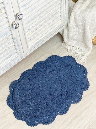 سجادة حمام كروشيه بيضاء من شاردين هوم، سجادة حمام بيضاوية مصنوعة من القطن بنسبة 100% مع حدود كروشيه مصنوعة يدويًا، مقاس 21 × 34 بوصة، سجادة متوسطة، مثالية لنصف الحمامات وغرف المساحيق والحمامات in Kuwait