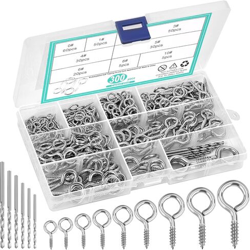 306 PCS Eye Hooks Screws Assortment Kit, (0.6"-1.65") 9 Sizes Nickel Plated for Waterproof and Durability, Metal Eyelet Screws Eye Pins and Eye Bolts Screw in Wood Includes 6PCS Drill Bit in Saudi Arabia