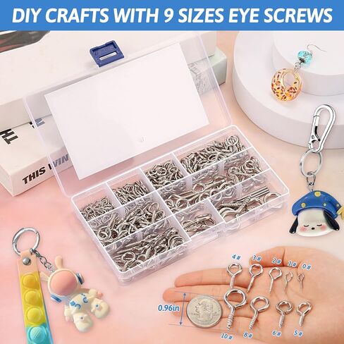 306 PCS Eye Hooks Screws Assortment Kit, (0.6"-1.65") 9 Sizes Nickel Plated for Waterproof and Durability, Metal Eyelet Screws Eye Pins and Eye Bolts Screw in Wood Includes 6PCS Drill Bit in Saudi Arabia