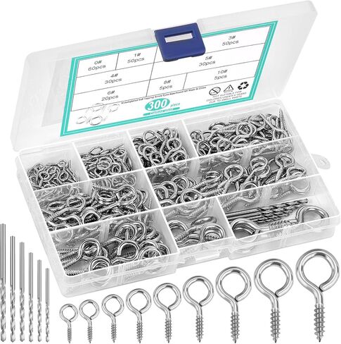 306 PCS Eye Hooks Screws Assortment Kit, (0.6"-1.65") 9 Sizes Nickel Plated for Waterproof and Durability, Metal Eyelet Screws Eye Pins and Eye Bolts Screw in Wood Includes 6PCS Drill Bit in Saudi Arabia