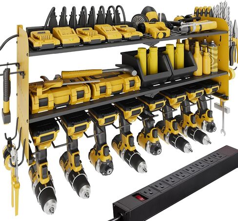 منظم أدوات الطاقة مع محطة شحن، حامل جداري للمرآب 8 مثقاب، 3 طبقات رف أدوات معدني عالي التحمل مع 8 منافذ شريط طاقة، رف أدوات للوحة مفك البراغي، أصفر in Kuwait