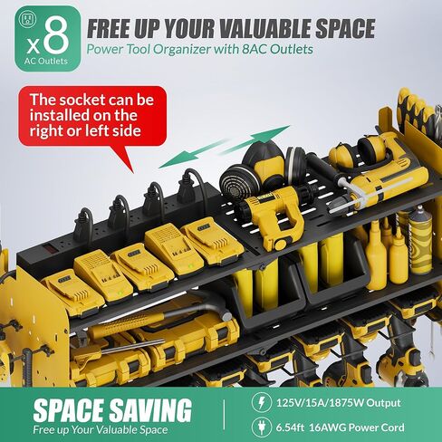 منظم أدوات الطاقة مع محطة شحن، حامل جداري للمرآب 8 مثقاب، 3 طبقات رف أدوات معدني عالي التحمل مع 8 منافذ شريط طاقة، رف أدوات للوحة مفك البراغي، أصفر in Kuwait