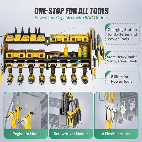 منظم أدوات الطاقة مع محطة شحن، حامل جداري للمرآب 8 مثقاب، 3 طبقات رف أدوات معدني عالي التحمل مع 8 منافذ شريط طاقة، رف أدوات للوحة مفك البراغي، أصفر in Kuwait