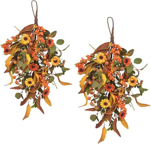 2pcs 20 Inch Artificial Fall Teardrop Swag Autumn Sunflowers Pumpkins Leaves Berries Door Swag Wreath Hanging Flower Autumn for Thanksgiving Halloween Front Door Wall Decor(2pcs Sunflowers) in Saudi Arabia