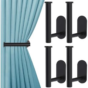 4 Pack Curtain Holdbacks, Metal Curtain Tiebacks, Self Adhesive No Drill Curtain Holders, L Shaped Curtain Hooks, No Drill Curtain Tie Backs for Home Office Decorative Curtain Decor (Black)