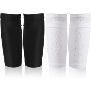2 Pairs Soccer Shin Guard Covers, Shin Pads Socks Soft Breathable Soccer Sock Sleeves Shin Pads Holders Soccer Shin Guard Sleeves for Kids Teenagers Adults Beginners (Black & White)
