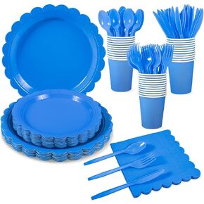 175 Pcs Blue Paper Plates and Napkins, 25 Guest Blue Party Supplies Include Scalloped Royal Blue Plates Napkins Cups Plastic Spoons Knives Forks for Graduation Party, Birthday, Family Picnic