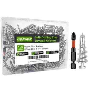 120pcs #8 Zinc Self-Drilling Drywall Anchors, Hollow Metal Wall Anchors and Screws Kit with Cross Groove Drill Bit, 60pcs Heavy Duty Anchors 60pcs #8 x 1-1/4" Screws