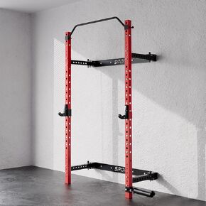 Foldable Wall Mounted Squat Rack, 1000LBS Capacity Folding Power Rack with Pull Up Bar, J Hook, Landmine, Folding Squat Rack for Garage&Home Gym